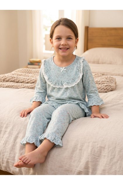 Kız Çocuk Mavi Fisto ve Fırfır Detaylı Çiçek Desenli Uzun Pijama Takımı