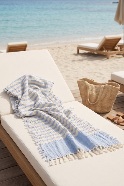 2 Layer Muslin Peshtemal 100X170 cm 100% Cotton Striped Tasseled Beach Bath and Hammam Peshtemal