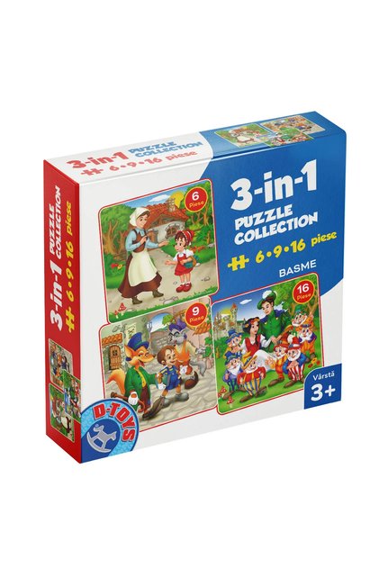 Set de 3 puzzle-uri de basme cu 6, 9, 16 piese: Scufița Roșie, Pinocchio, Albă ca Zăpada