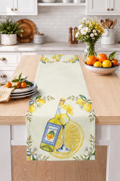 Limoncello Şişesi, Limon ve Çiçek Desenli Akdeniz Stil Dijital Baskılı Dekoratif Masa Runnerı 40x140