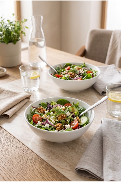 2'li Salata Kasesi Geniş Ağızlı Derin Beyaz Renkli Çok Amaçlı Sunum Servis Kabı Modern Sade Tasarım