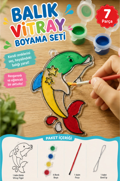 Balık Vitray Boyama Seti 7 Parça Asılabilir 7x11cm Fırça Boya Şablon Set PC458
