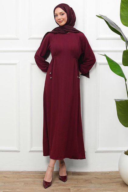 Dark Burgundy Crew Neck Dress with Elastic Waist and Sleeves