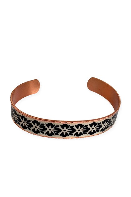 Black and white floral thin copper bracelet, adjustable