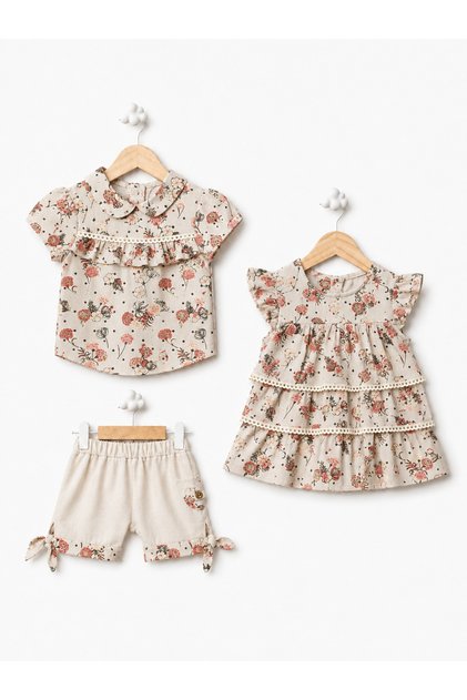 Baby Girl Floral Print Dress, Blouse and Shorts 3 Piece Set