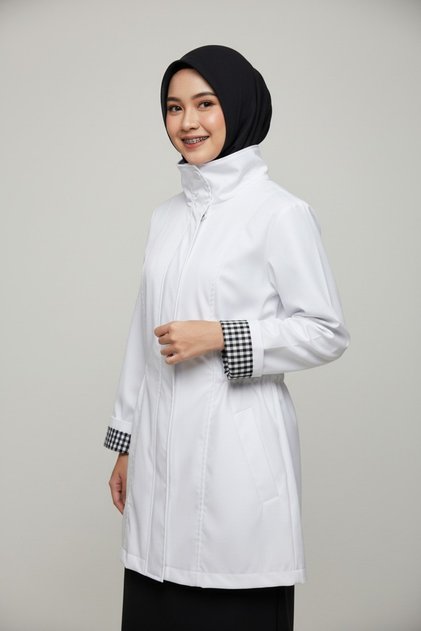 Water Repellent Fabric Raincoat with Drawstring Waist and Gingham Cuffs