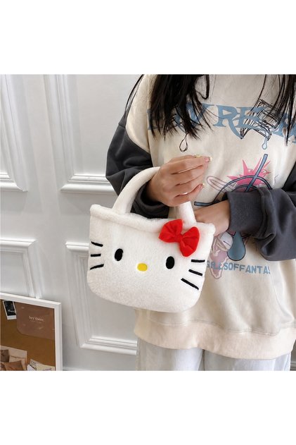 Cute Cat Hello Kitty Patterned Plush White Bag – Zippered, Shoulder Strap, Soft Handbag