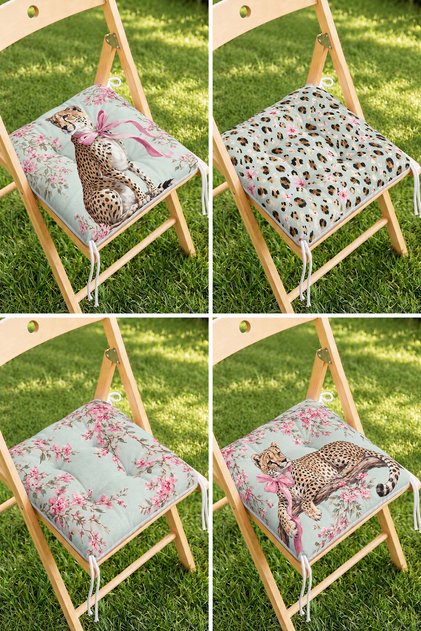 Leopar Figürlü Pembe Çiçekli ve Açık Mavi Desenli 4'lü Pofidik Sandalye Minderi Seti Bahçe ve Mutfak