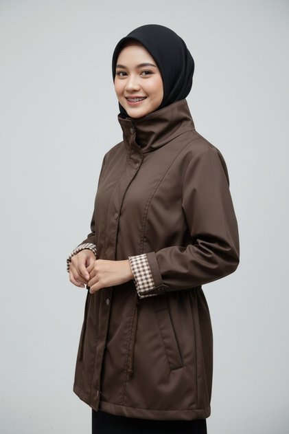Water Repellent Fabric Raincoat with Drawstring Waist and Gingham Cuffs