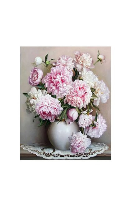 Pictură pe numere – Bujori în vază de porțelan – Pânză pe cadru de lemn 40×50 cm