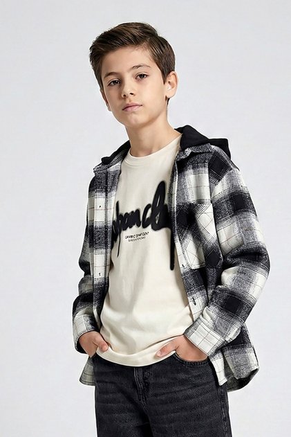 Mojo boys' 9-14 year old hooded plaid patterned shirt black