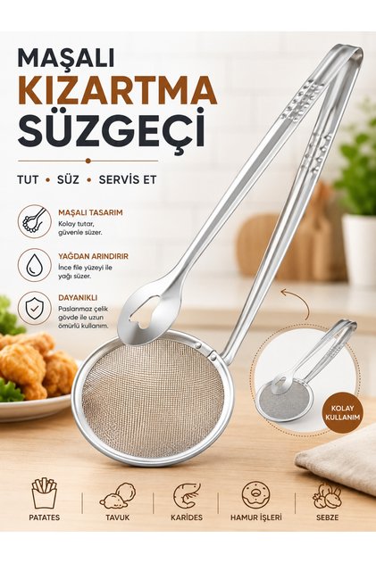Maşalı Kızartma Süzgeci Paslanmaz Çelik İnce Fileli Yağ Süzme ve Servis Maşası