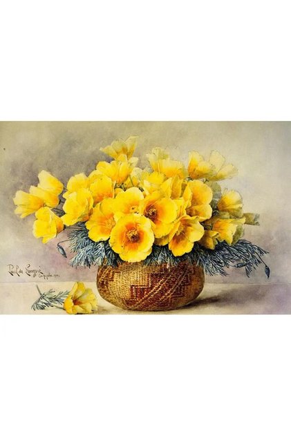 Pictură pe numere – Maci aurii într-o coșură împletită: Omagiu clasic către Paul de Longpré – Pânză pe cadru de lemn 40×50 cm