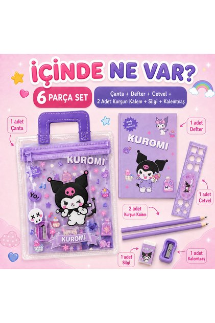 Sevimli Kedi Kuromiii Desenli Kırtasiye Seti Çantalı Kalemlik Not Defteri Cetvel 2 Kurşun Kalem Silgi Kalemtıraş