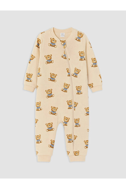 Lcw Baby Beige Crew Neck Baby Boy Sleeping Bag Cotton Patterned Long Sleeve