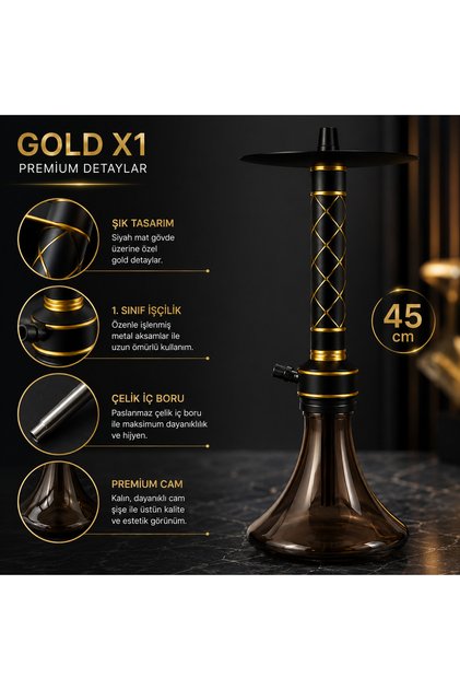 Gold X1 Nargile Takımı 45 cm Siyah Gold Çelik İç Borulu Premium Nargile Seti