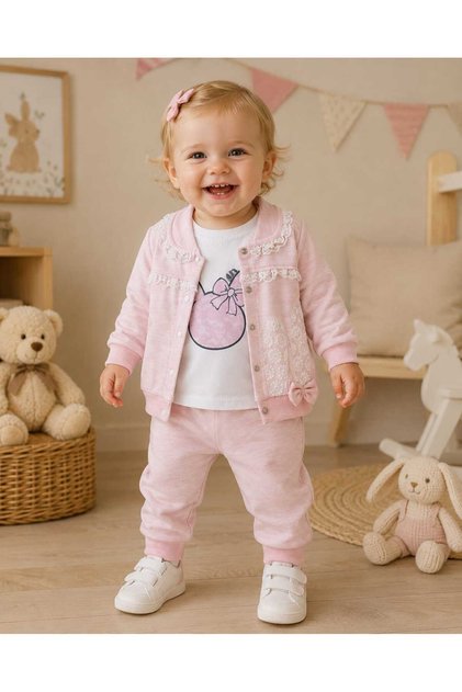 Baby Girl 3-Piece Seasonal Cotton Set with Lace Detail and Rabbit Print Jacket