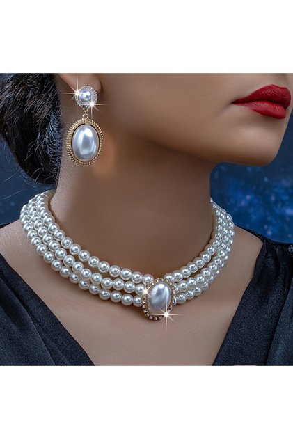 1Set Stylish Imitation Pearl Necklace and a Pair of Stylish Imitation Pearl Pendant Earrings for Wom