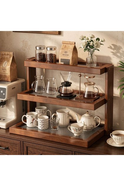 Three-tier wooden and acrylic cup rack, multifunctional worktop storage rack, coffee and tea cup rack, tabletop kitchen rack for condiments; suitable for kitchens, coffee bars and dining areas
