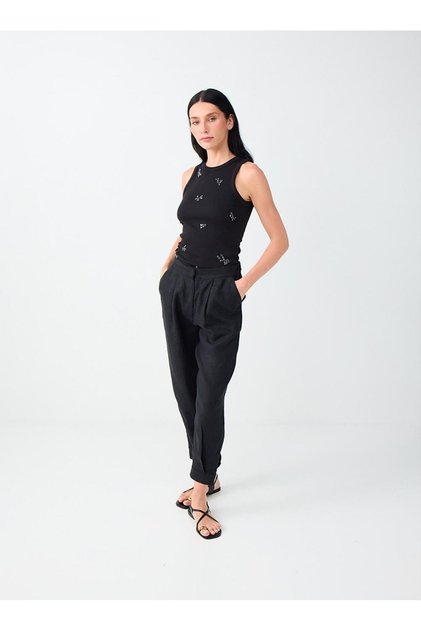 Black 100% Linen High Waist Trousers with Leg Detail