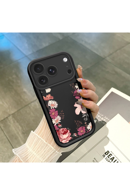 iPhone 17 Pro Compatible Black Silicone Case with Shockproof Camera Protection and Floral Pattern