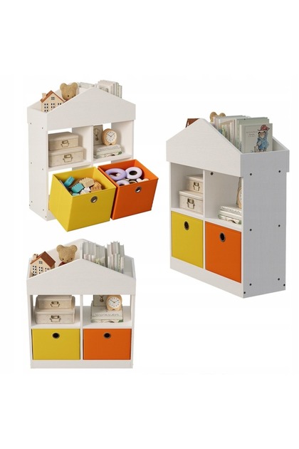Raft în formă de căsuță pentru jucării, organizator cu compartimente, dulăpior pentru cărți, alb, stil loft, 64 cm