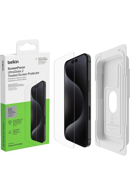 واقي شاشة Belkin ScreenForce UltraGlass 2 معالج لهاتف آيفون 15 برو ماكس، مقاوم للخدوش، صلابة 9H