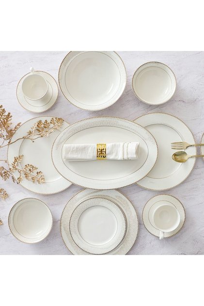 Motif 32 Piece New Bone China Dinner Set -serves 6, Gold, Dinner Sets