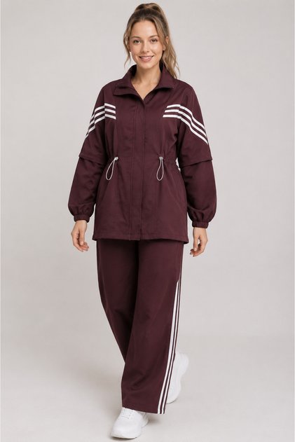 High Collar Striped Suit with Elastic Sleeves and Waist - Dark Burgundy