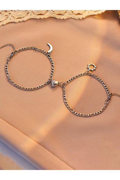 Silver Sun and Moon Magnetic Couple Bracelets