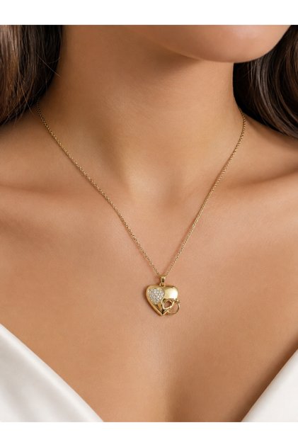 Steel Heart and Single Stone Ring Detailed Women's Necklace 45 cm – Gold Color
