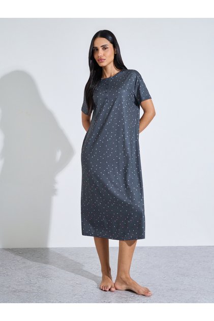 Charcoal All Over Star Print Short Sleeve Sleep T-Shirt Nightdress