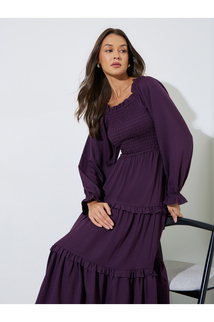 Purple Solid Ruched Detail Tiered Midi Dress
