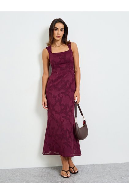 Burgundy Solid Lace Details Square Neck Midi Dress