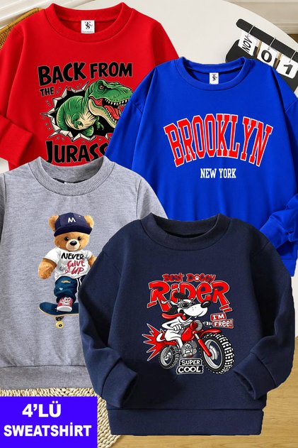 Cobalt Blue-Red-Grey-Navy Blue Four-Piece Crew Neck Children's Sweatshirt with Fleece Inside and Dog and Dinosaur Prints