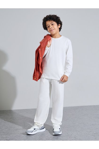 Teen Unisex Off White Solid Long Sleeves T-Shirt and Joggers Set