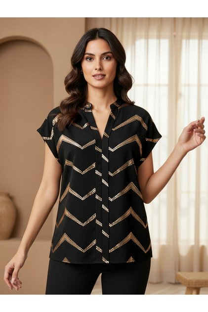 Black Chevron Sequin V-Neck Blouse With Short Sleeves