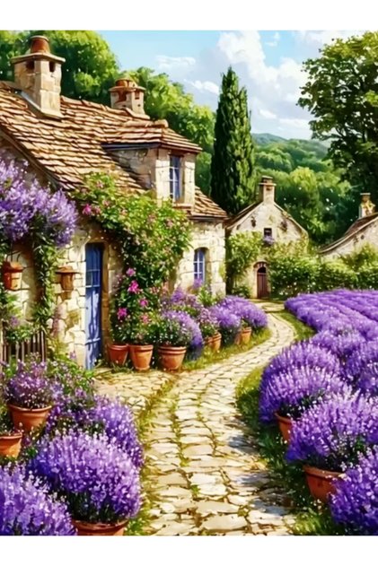 ® Tablou pictura cu Diamante multicolore, Goblen 5D Diamond Painting cu Pietricele Colorate, Peisaj Aleea cu Lavanda, Hobby Creativ pentru Adulti si Copii 8+ Ani