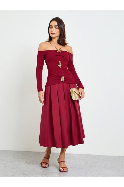 Burgundy Embellished A-Line Midi Dress with Off-Shoulder Long Sleeves