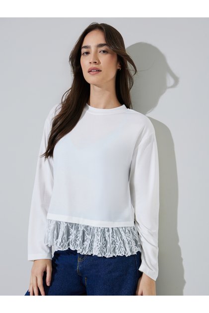 White Solid Lace Details Long Sleeves T-Shirt