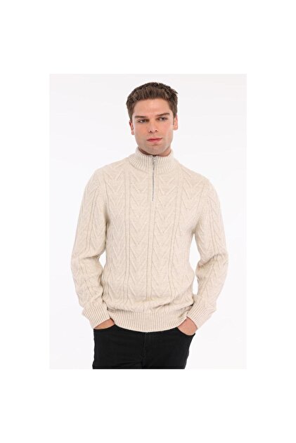 Kemik Men's 80% Wool 20% Acrylic V Pattern Knitted Half Zipper Stand Collar Knitwear Sweater Trist-5363