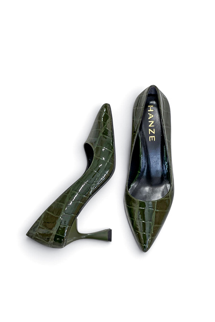 Kadın Stiletto Kroko Yeşil Parlak Sivri Burun Orta Topuk F701
