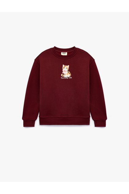 Three Threaded Ribbed Long Sleeve Crew Neck Cat Printed Sweatshirt