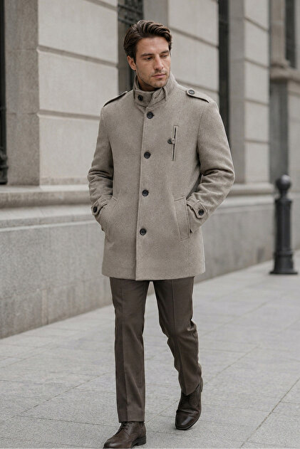 Men's Beige Slim Fit Long Cashmere Coat