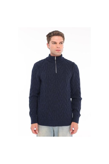 Navy Blue Men's 80% Wool 20% Acrylic V Pattern Knitted Half Zipper Stand Collar Knitwear Sweater Trist-5363