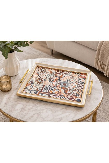 Mosaic Elegance Geometric Patterned Glass Tray with Handle 42X30