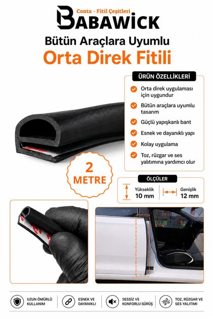 Orta Direk Fitili Bütün Araçlara Uyumlu İki Kapı Arası Fitili Kendinden Yapışkanlı Toz, Rüzgar ve Ses Yalıtım Fitili 2 Metre