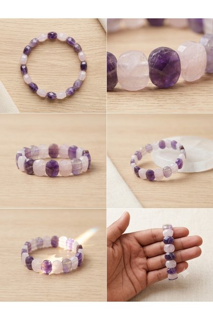 Amethyst and Pink Quartz Bracelet Faceted Cut