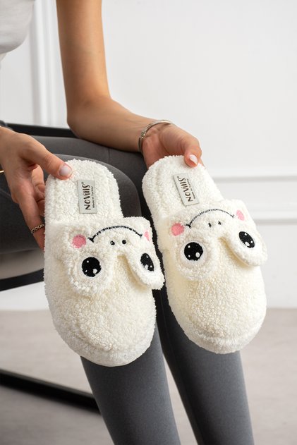 Women's Plush House Slippers with Frog Figure, Soft Furry, Silent Sole, Winter Slippers