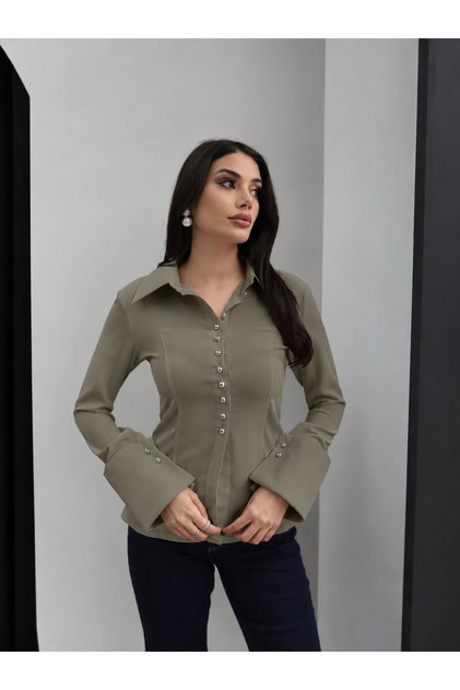 KADIN POPLİN KUMAŞ MANŞET KOL FULL DÜĞME BELDEN OTURTMALI GÖMLEK